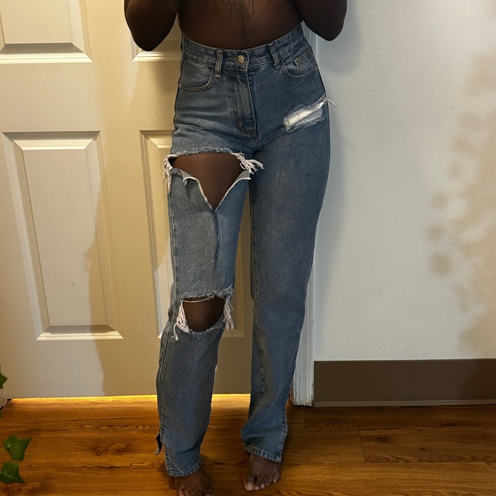 PLT TALL Distressed Ultra High-Rise Straight Jean